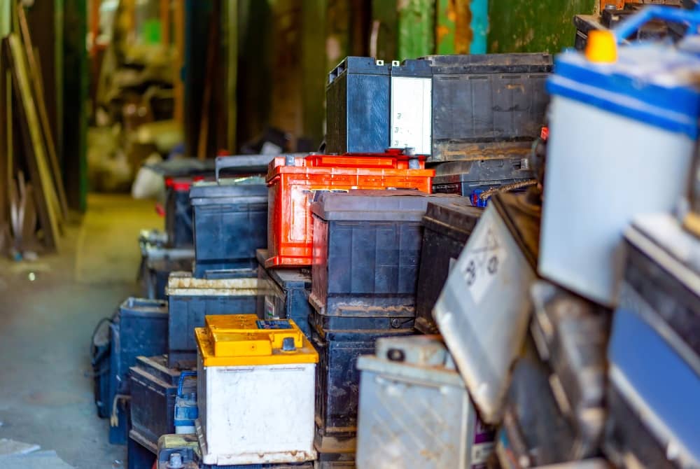 Discarded car batteries ready to be recycled.