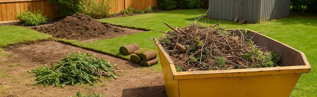 Skip bin in a Perth backyard filled with garden and landscaping waste during a summer clean-up project.
