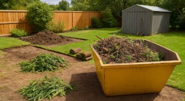 Skip bin in a Perth backyard filled with garden and landscaping waste during a summer clean-up project.
