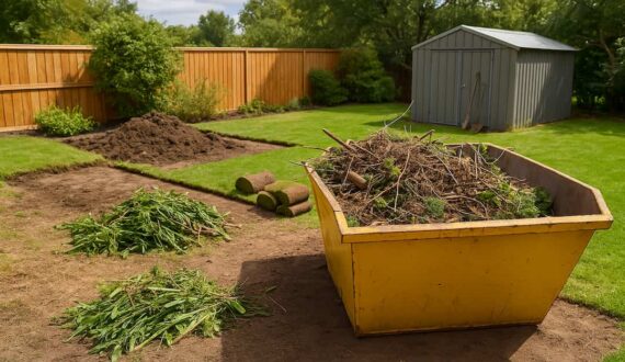 Skip bin in a Perth backyard filled with garden and landscaping waste during a summer clean-up project.