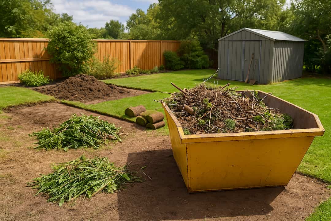Skip bin in a Perth backyard filled with garden and landscaping waste during a summer clean-up project.