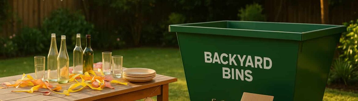 Small skip bin behind table in backyard with decorations to be used as rubbish disposal after party