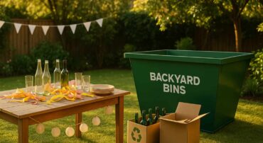Small skip bin behind table in backyard with decorations to be used as rubbish disposal after party