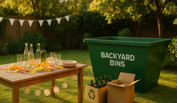 Small skip bin behind table in backyard with decorations to be used as rubbish disposal after party