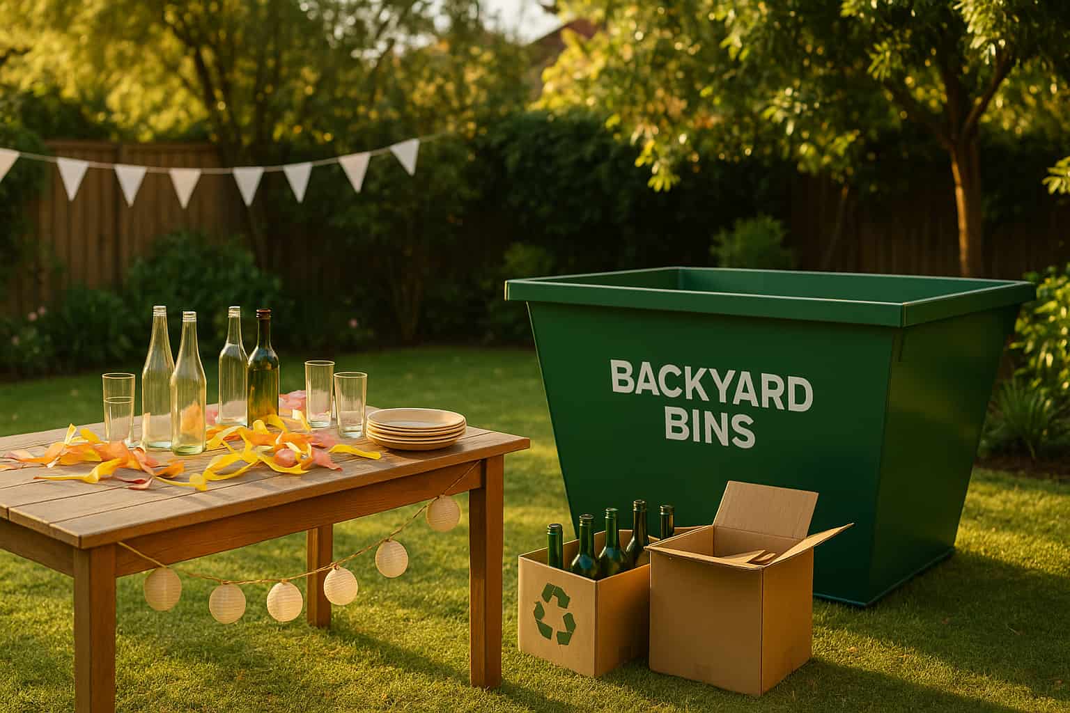 Small skip bin behind table in backyard with decorations to be used as rubbish disposal after party
