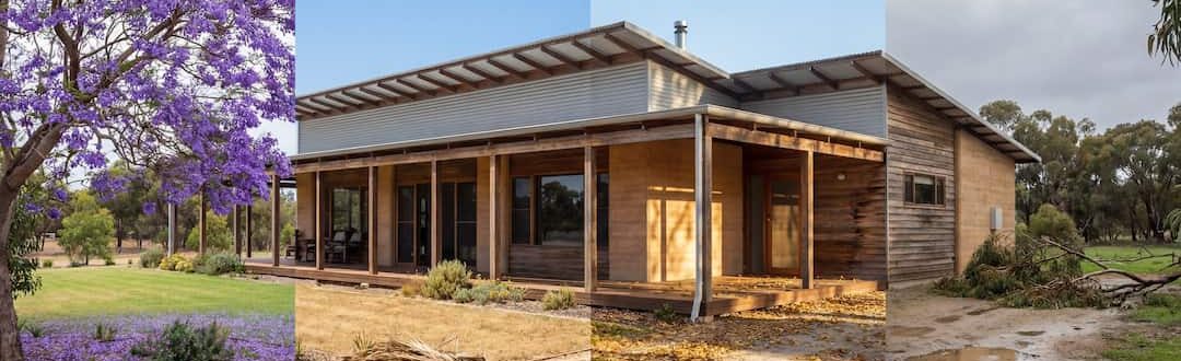 Modern house in Perth hills covered by 4 panels depicting different seasonal waste, with a blooming jacaranda, summer leaves, autumn leaves and winter wet waste