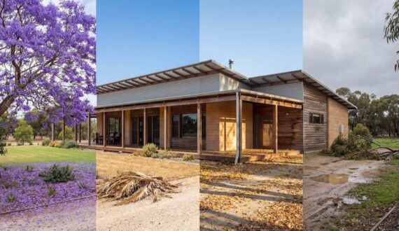 Modern house in Perth hills covered by 4 panels depicting different seasonal waste, with a blooming jacaranda, summer leaves, autumn leaves and winter wet waste