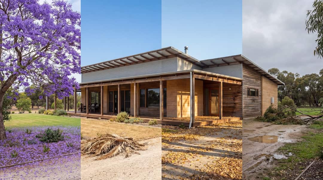 Modern house in Perth hills covered by 4 panels depicting different seasonal waste, with a blooming jacaranda, summer leaves, autumn leaves and winter wet waste