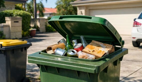 Household recycling wheelie bin with mixed items on a suburban Perth driveway