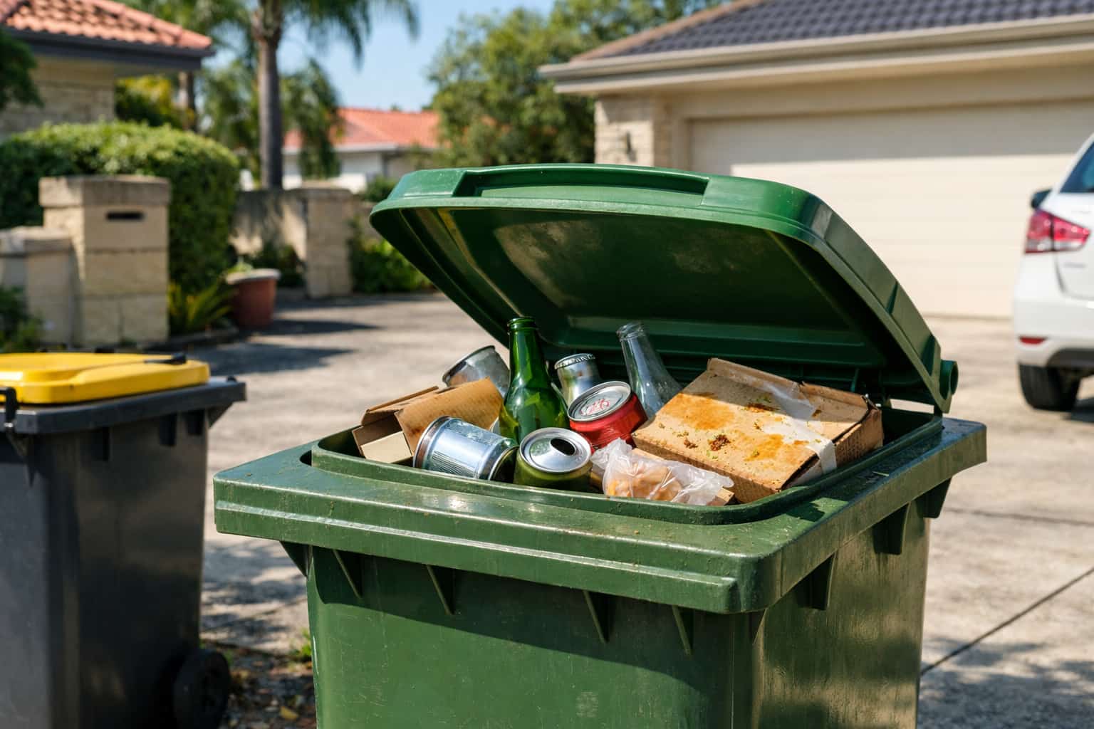 Household recycling wheelie bin with mixed items on a suburban Perth driveway