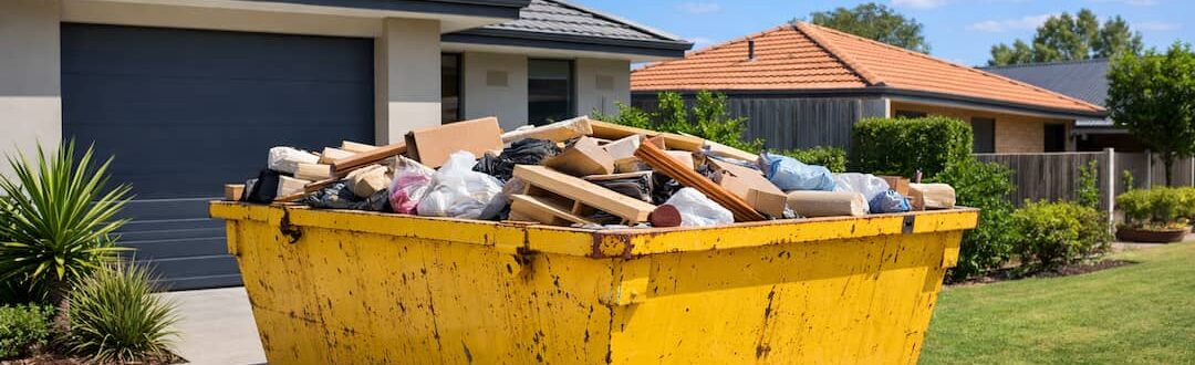 Skip bin placed neatly in a Perth driveway, filled correctly to the rim during a household clean-up