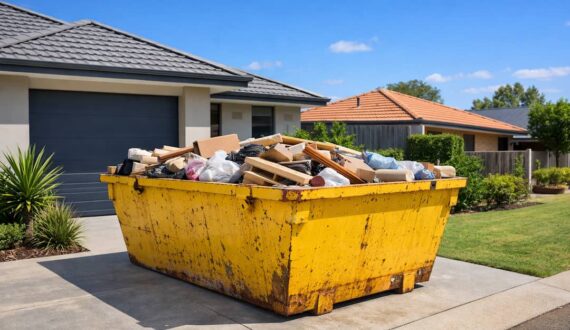 Skip bin placed neatly in a Perth driveway, filled correctly to the rim during a household clean-up