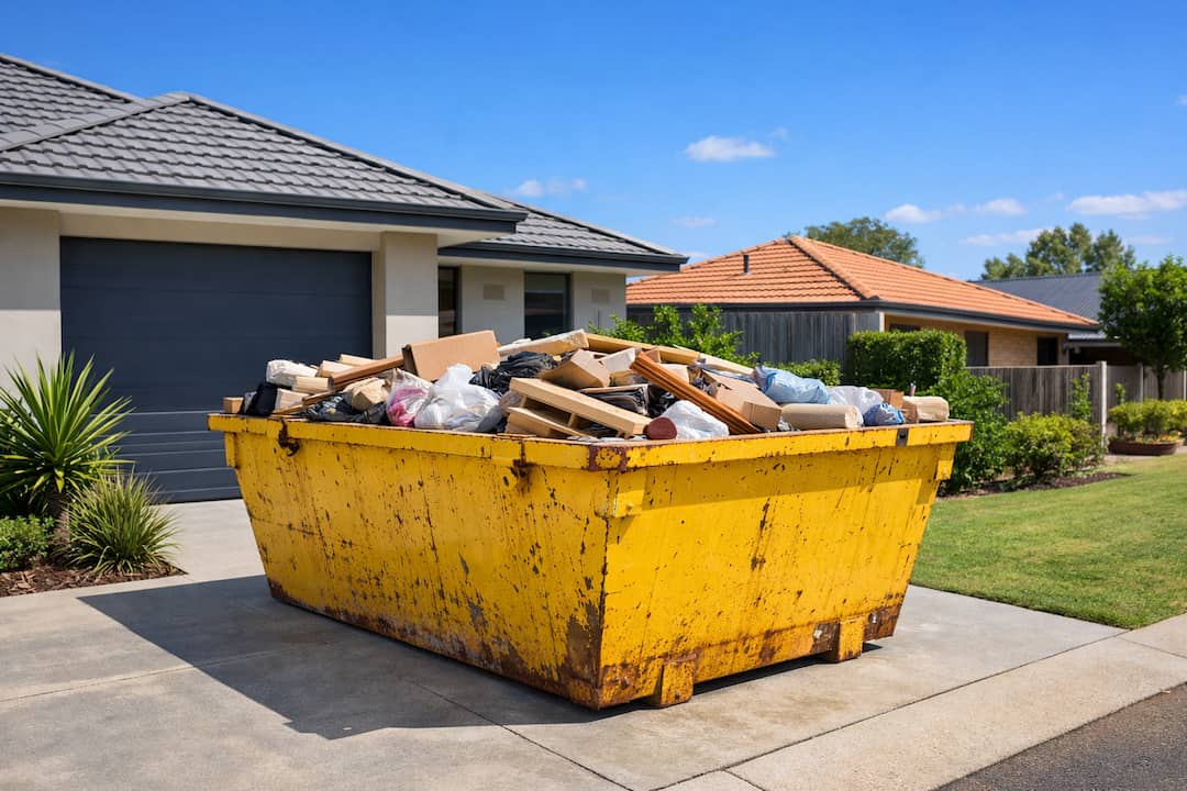Skip bin placed neatly in a Perth driveway, filled correctly to the rim during a household clean-up