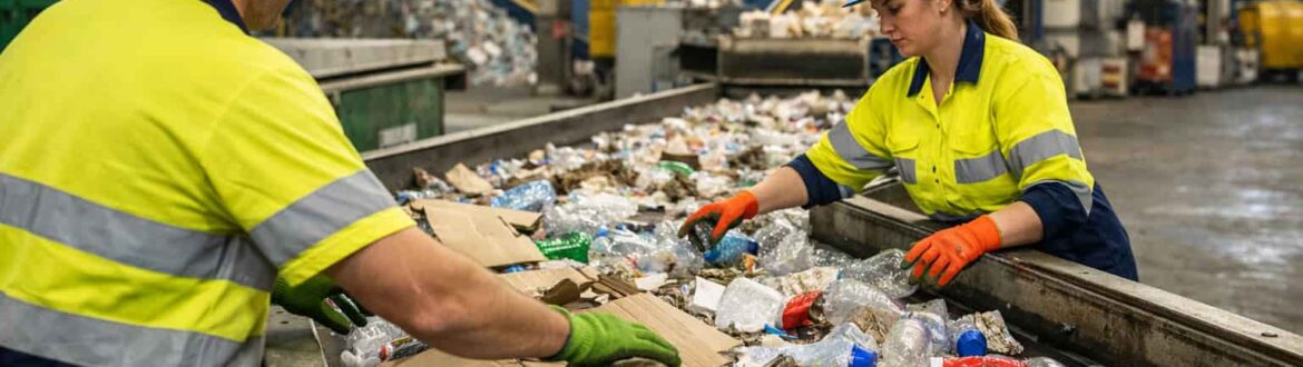 Workers sorting cardboard, plastic bottles and aluminium cans on a conveyor belt at a modern recycling facility in Perth, Western Australia.