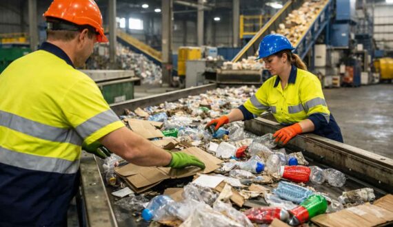 Workers sorting cardboard, plastic bottles and aluminium cans on a conveyor belt at a modern recycling facility in Perth, Western Australia.