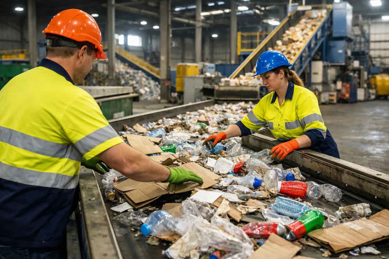 Workers sorting cardboard, plastic bottles and aluminium cans on a conveyor belt at a modern recycling facility in Perth, Western Australia.