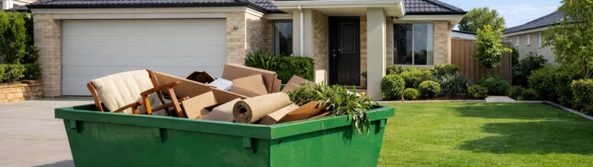 Skip bin in front of Perth house on clear day answering why are skip bins called skip bins