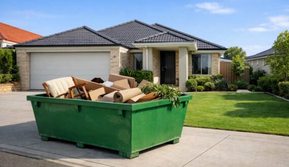 Skip bin in front of Perth house on clear day answering why are skip bins called skip bins