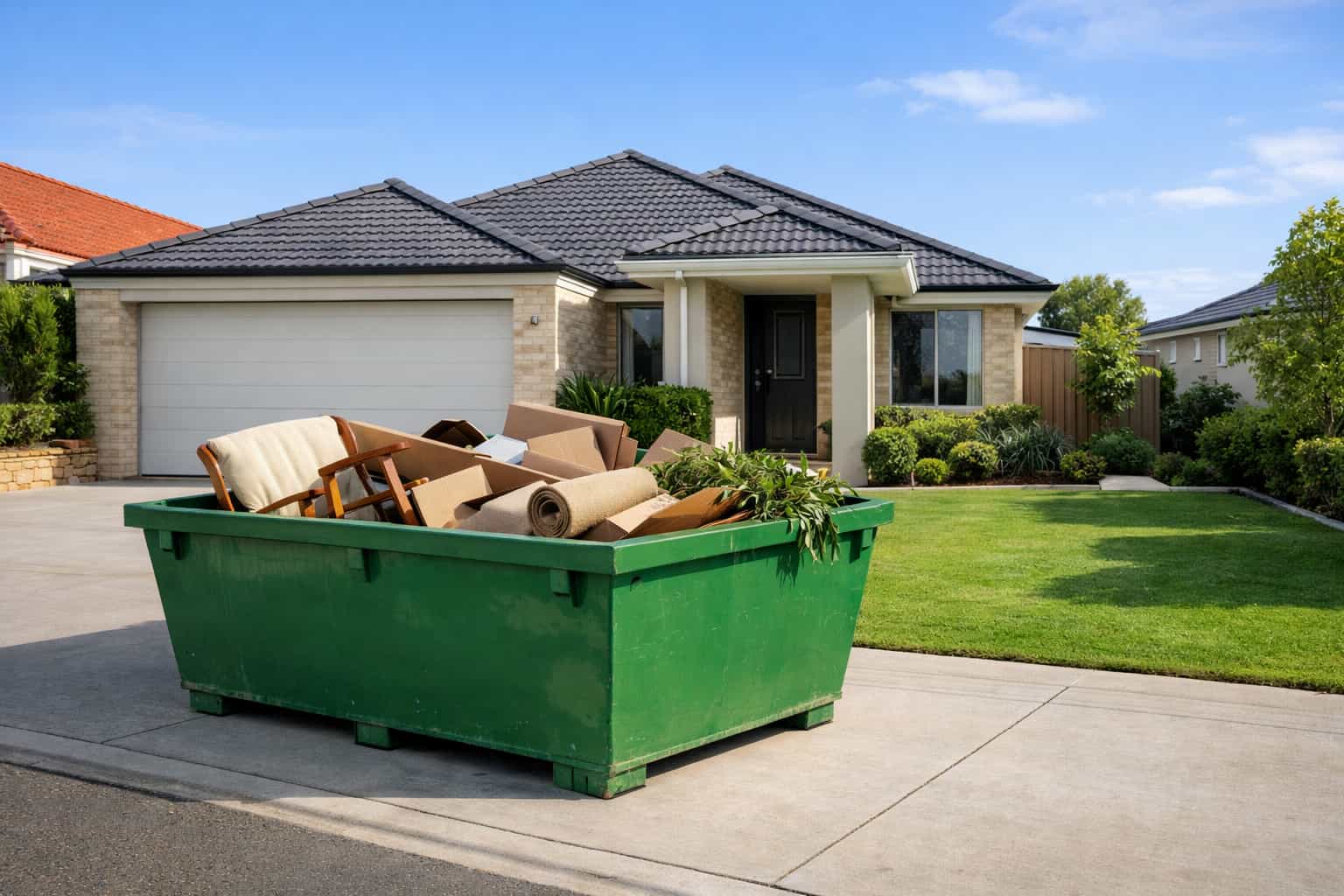 Skip bin in front of Perth house on clear day answering why are skip bins called skip bins