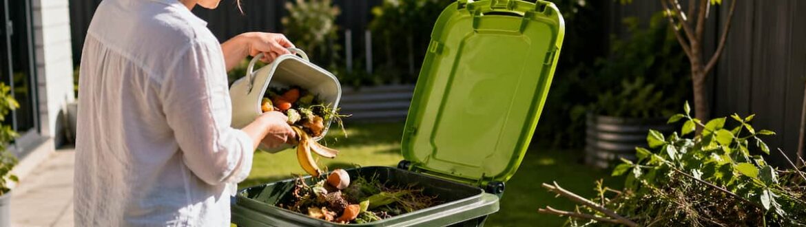 Woman putting food waste in FOGO bin after learning what is FOGO waste.