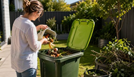 Woman putting food waste in FOGO bin after learning what is FOGO waste.