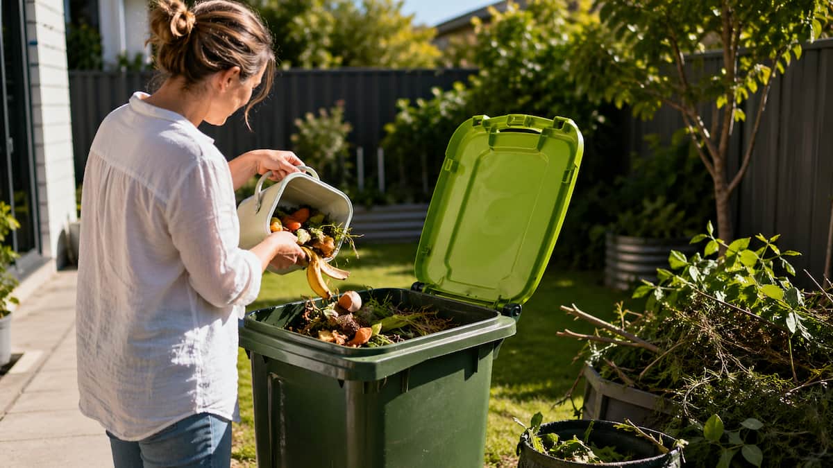Woman putting food waste in FOGO bin after learning what is FOGO waste.
